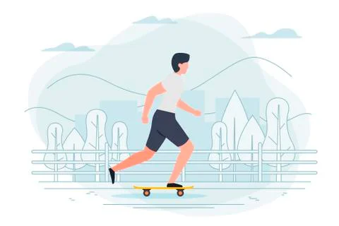 Vector banner template with boy on a skate. City, trees Stock Illustration