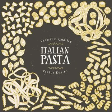 Vector banner template with different types of traditional Italian pasta. Hand Stock Illustration