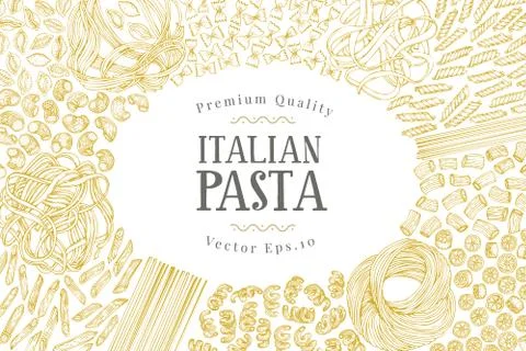 Vector banner template with different types of traditional Italian pasta. Hand Stock Illustration