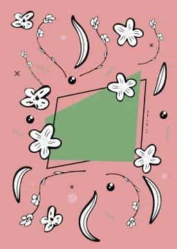 Vector banner template with geometric frame and flowers design elements. Stock Illustration