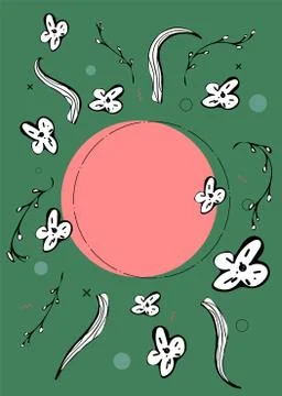 Vector banner template with geometric round frame and flowers design elements Stock Illustration