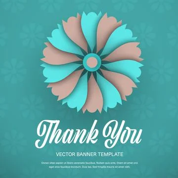 Vector banner template with lush flower, thank you lettering, isolated on tur Stock Illustration