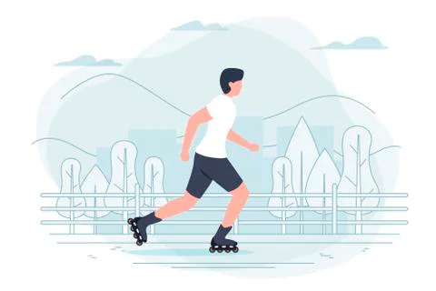 Vector banner template with roller boy. City, trees and hills Stock Illustration