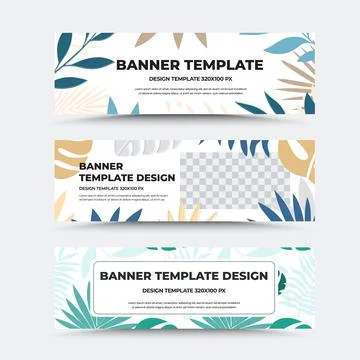 Vector banner template, white background with illustration, tropical leaves,  Stock Illustration
