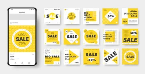 Vector banner template with yellow, black and white geometric patterns, squar Stock Illustration