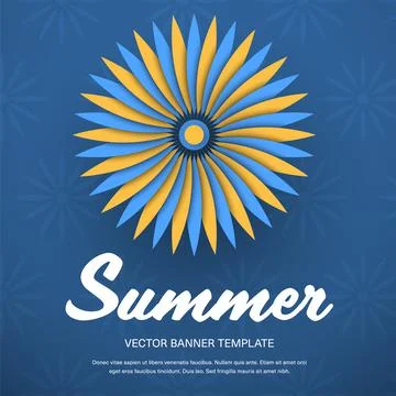 Vector banner template with a yellow-blue flower in the center, the inscripti Stock Illustration