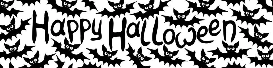 Vector banner with vampire bats and Happy Halloween lettering. Border, frame, Illustrazione stock