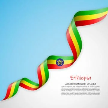 Vector banner in white and blue colors and waving ribbon with flag of Ethiopia Stock Illustration