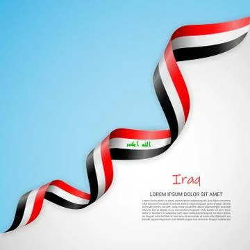 Vector banner in white and blue colors and waving ribbon with flag of Iraq Stock Illustration