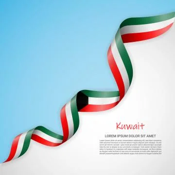 Vector banner in white and blue colors and waving ribbon with flag of Kuwait Stock Illustration