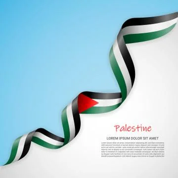 Vector banner in white and blue colors and waving ribbon with flag of Palestine Stock Illustration
