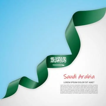 Vector banner in white and blue colors and waving ribbon with flag of Saudi Stock Illustration