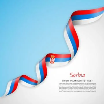 Vector banner in white and blue colors and waving ribbon with flag of Serbia Stock Illustration