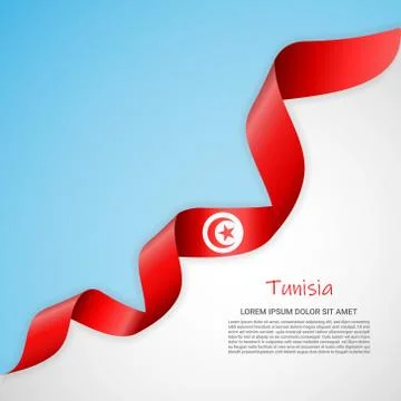 Vector banner in white and blue colors and waving ribbon with flag of Tunisia Stock Illustration