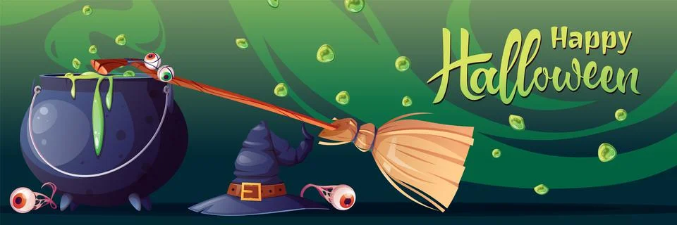 Vector banner with witches cauldron with potion and broom. Poster for the hol Stock Illustration