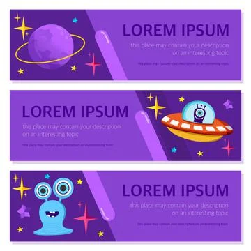 Vector banners and postcards on a space theme. UFO, planet, humanoid, alien,  Stock Illustration