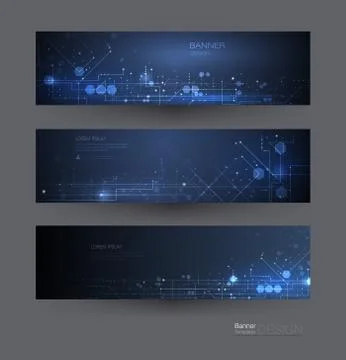 Vector banners set. Circuit board and hexagons background Stock Illustration