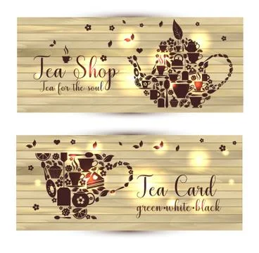 Vector banners of tea on wooden background. Teapot and cup of tea. Stock Illustration