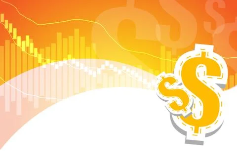 Vector : Bar graph and dollar signs on orange and white background Stock Illustration