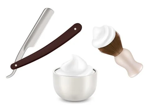 Vector barber razor, shaving brush and mug with foam Stock Illustration