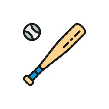 Vector baseball bat and ball flat color line icon. Stock Illustration