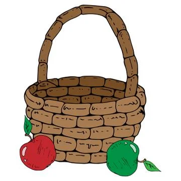 Vector of a basket with apples. Hand drawn beautiful wicker basket with apple Stock Illustration