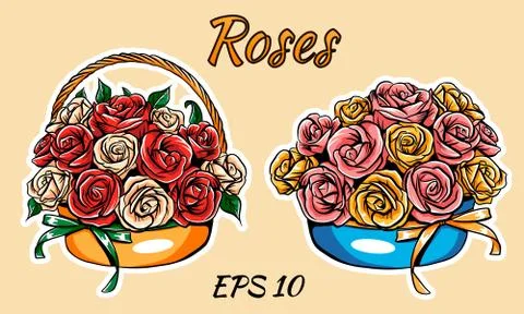 Vector basket with roses, isolated. Two types of bouquets. Stock Illustration