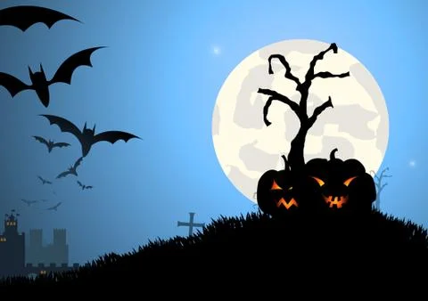 Vector : Bat trees and pumpkin halloween background Stock Illustration