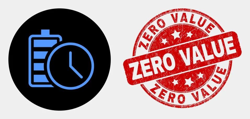 Vector Battery Charge Time Icon and Scratched Zero Value Stamp Seal Stock Illustration