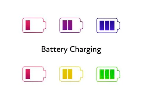 Vector battery charging icons set. Red, green, yellow and violet color. Stock Illustration
