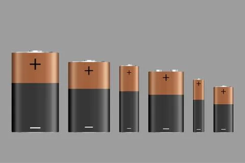 Vector battery, different size, isolated on gray background. Battery sizes or Stock Illustration