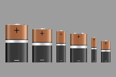 Vector battery, different size, isolated on gray background. Battery sizes or Stock Illustration