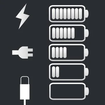 Vector battery icon. Charge from high to low. plug and lightning icon Stock Illustration