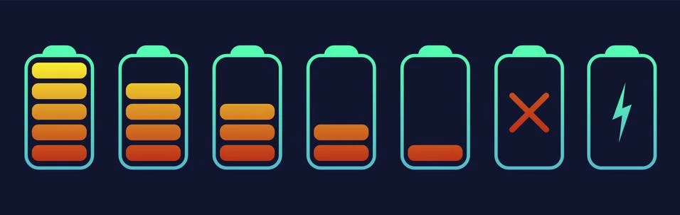 Vector battery symbol set different level of charge. Battery charge signs. Ve Stock Illustration