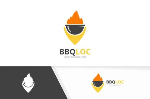 Vector bbq and map pointer logo combination. Grill and gps locator symbol or Stock Illustration