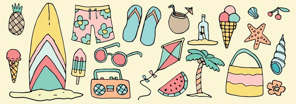 Vector beach cartoon doodle set, cute sea surf icons, Hawaii tropical vacation Stock Illustration