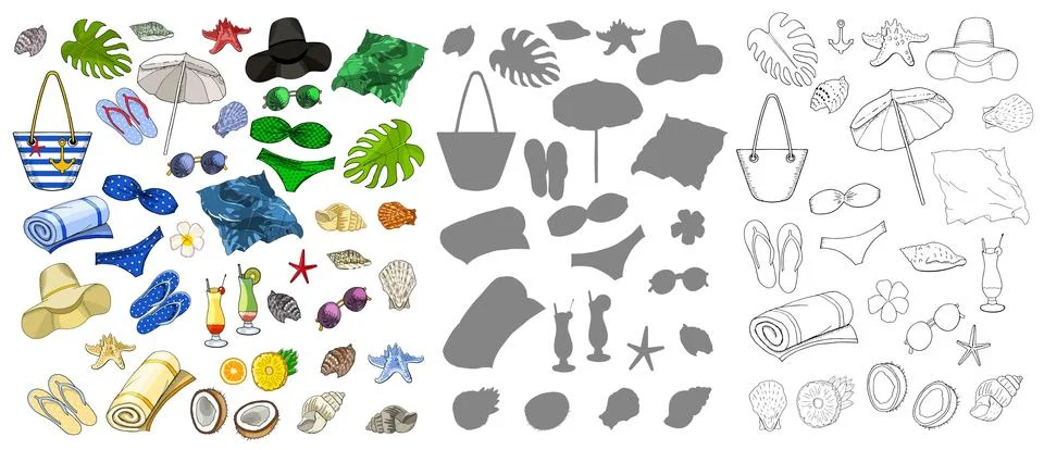 Vector beach illustration set with shell, cocktail, beach, coast, starfish, S Illustrazione stock