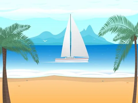 Vector beach palm tree boat with sails on ocean Illustrazione stock