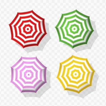 Vector beach striped red, green, violet and yellow umbrellas set. Stock Illustration