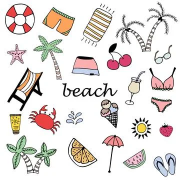Vector beach summer set, with hand drawn isolated doodle elements Stock Illustration