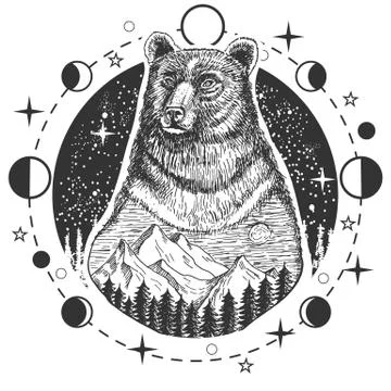 Vector bear head tattoo or t-shirt print design Stock Illustration