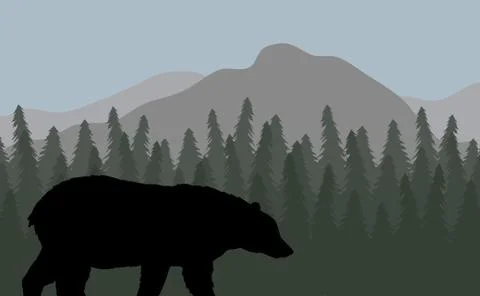 Vector bear in landscape with forest and mountain Stock Illustration