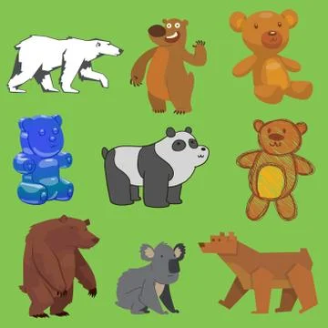 Vector bear set wild animal different style flat, handdraw, cartoon wild angry Illustrazione stock