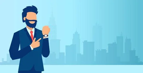 Vector of a bearded businessman pointing or showing time on his wrist watch s Stock Illustration