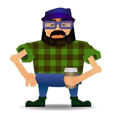 Vector of a bearded cartoon hipster dressed in a plaid shirt, holding a coffee. Stock Illustration