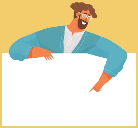Vector bearded man in flat style. Person holds sheet of white blank paper in Stock Illustration