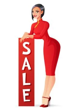 Vector beautiful Asian lady standing with vertical sale banner. Stock Illustration