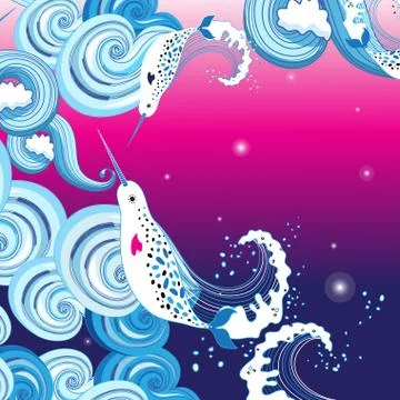 Vector beautiful background with sea waves and narwhals on lilac background. Stock Illustration