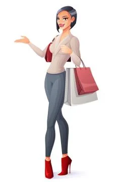Vector beautiful brunette lady standing with shopping bags and presenting. Stock Illustration