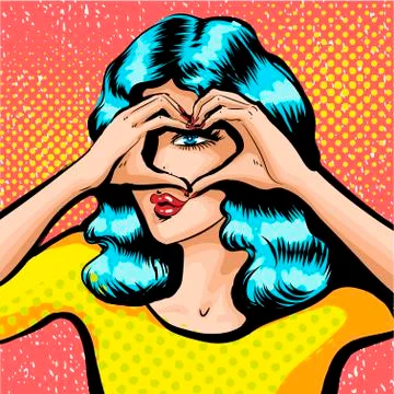 Vector of beautiful girl looking through the sign of heart made of fingers Stock Illustration